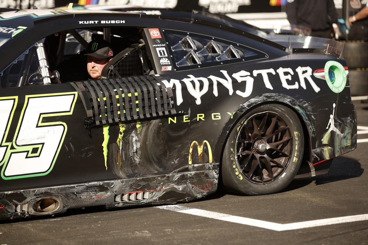 Kurt Busch, driver of the #45 Monster Energy Toyota, sits on the grid after an on-track incident in the last chance qualifying race for the NASCAR Cup Series Busch Light Clash at the Los Angeles Memorial Coliseum. (Photo by Chris Graythen/Getty Images)